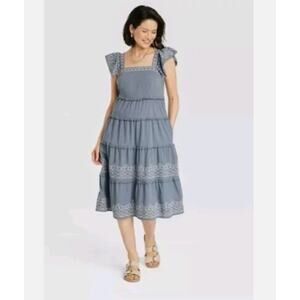 Knox Rose Blue Embroidered Peasant Boho A Line Tiered Midi Dress Size Large